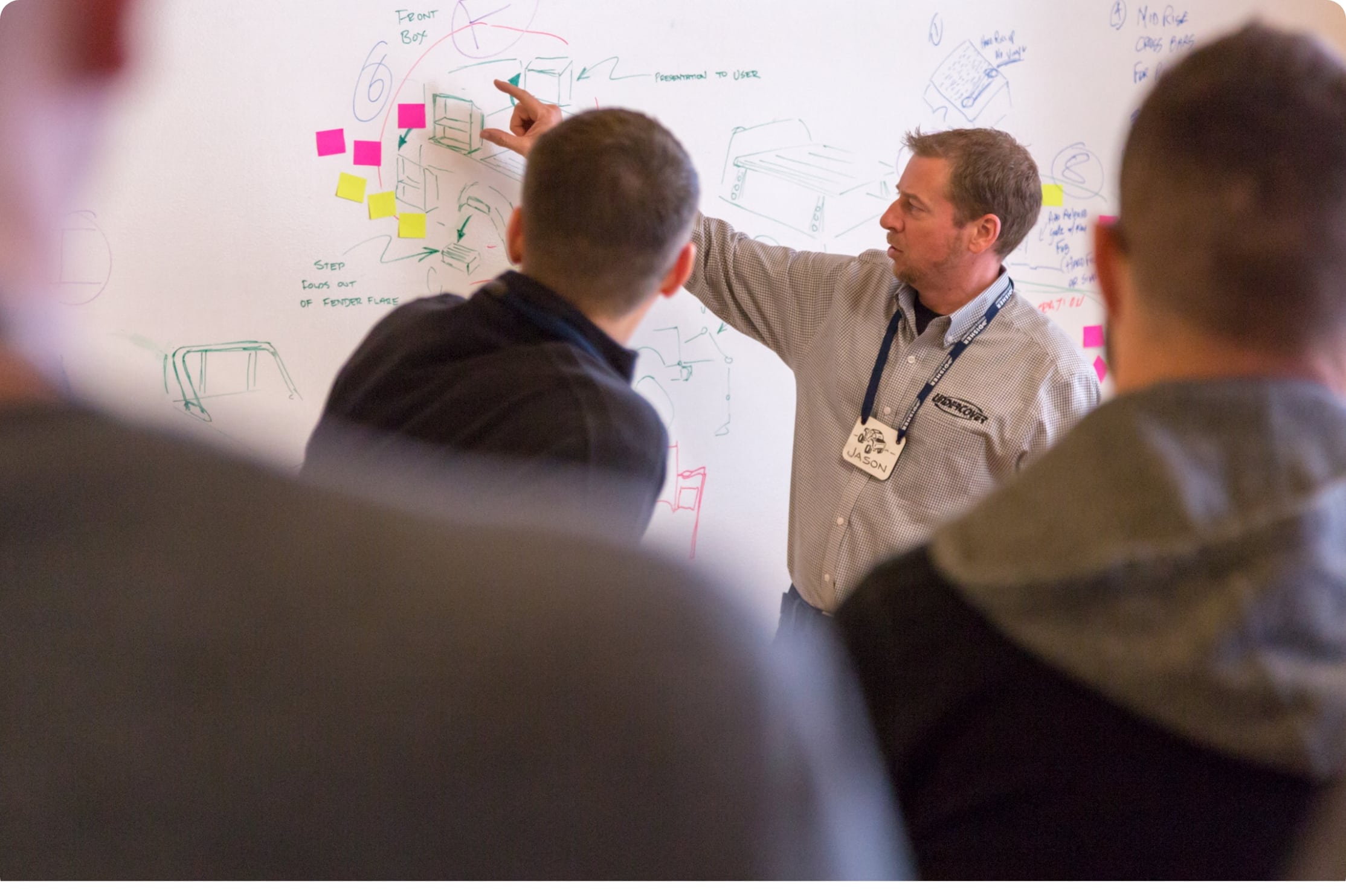A man pointing at a sketch and sticky notes on a whiteboard
