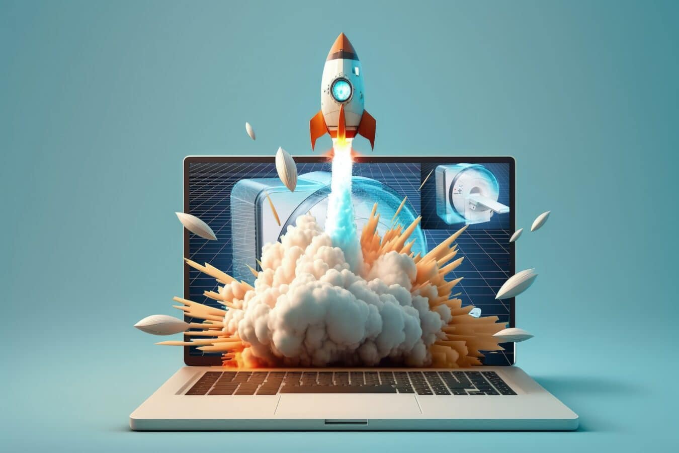 Computer showing engineered designs and rocket coming out of it.